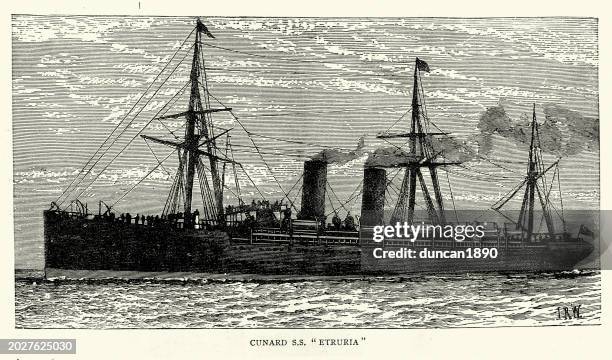 rms etruria a transatlantic ocean liner built in in 1884 for cunard line, maritime history, victorian, 19th century. - horizontal funnel stock illustrations