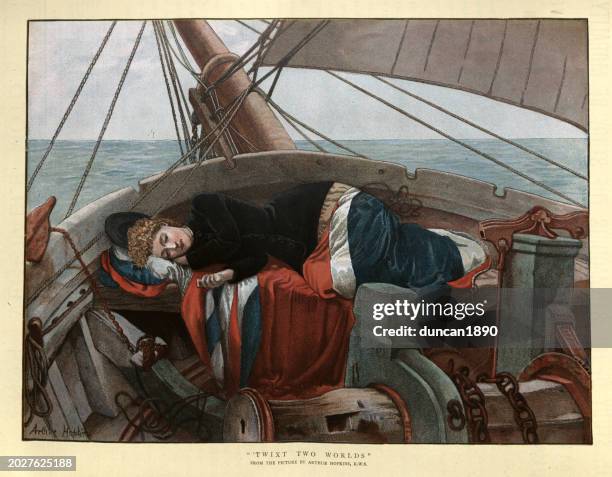 young woman sleeping on ships deck, wrapped in british flag, history, victorian art 19th century. - sleeping woman stock illustrations