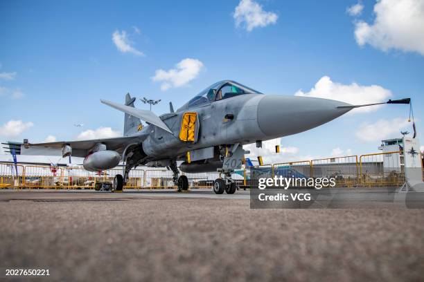 Saab JAS 39 Gripen of the Royal Thai Air Force is on display during the Singapore Airshow at Singapore's Changi Exhibition Centre on February 20,...