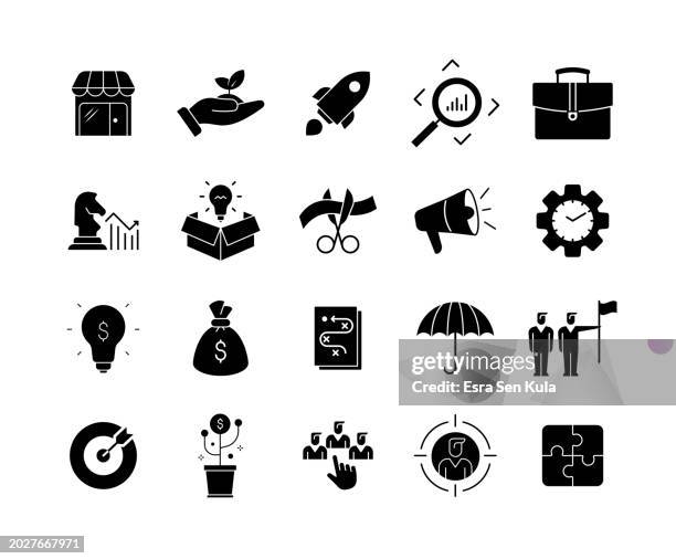 business startup solid icon set - store manager stock illustrations