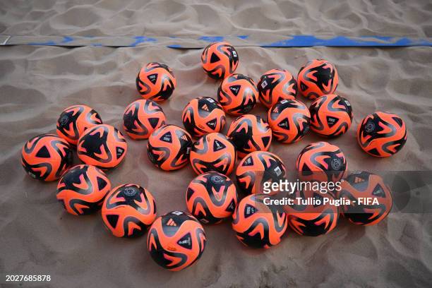 Official Adidas match ball Conex24 are seen during the FIFA Beach Soccer World Cup UAE 2024 at Dubai Design District Stadium on February 21, 2024 in...