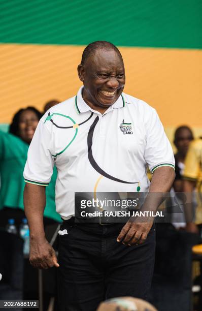 African National Congress President Cyril Ramaphosa gestures to supporters at the Election Manifesto launch at the Moses Mabhida Stadium in Durban on...