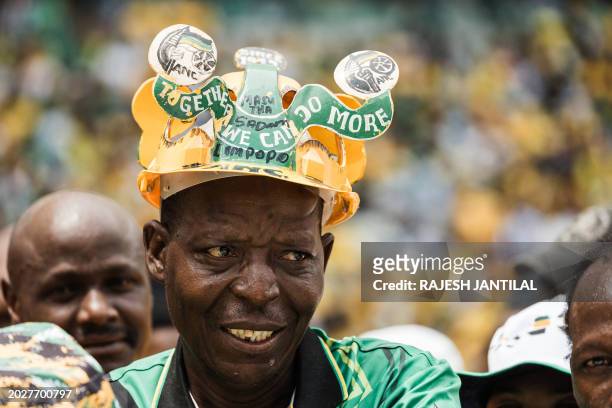 An African National Congress supporter looks on during the party's Election Manifesto launch at the Moses Mabhida Stadium in Durban on February 24,...