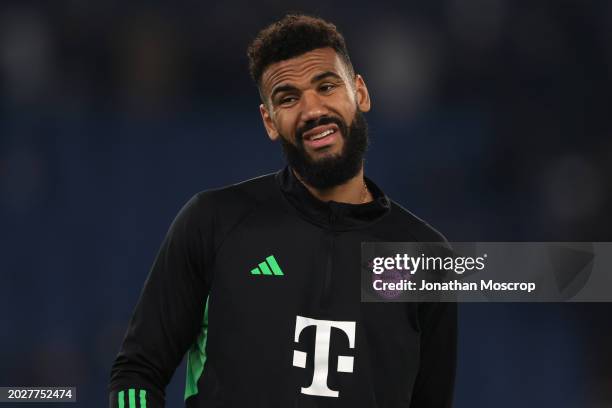 Eric-Maxim Choupo-Moting of Bayern Munchen reacts during the warm up prior to the UEFA Champions League 2023/24 round of 16 first leg match between...