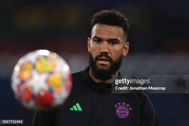 Eric-Maxim Choupo-Moting of Bayern Munchen focuses on the ball during the warm up prior to the UEFA Champions League 2023/24 round of 16 first leg...