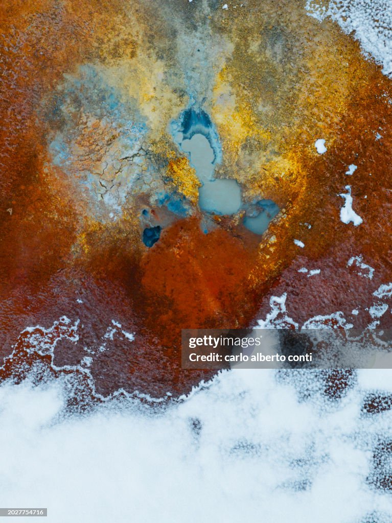 Aerial abstract view taken by drone of geothermal vulcanic area called Krysuvik close to Grindavik, Iceland, Europe