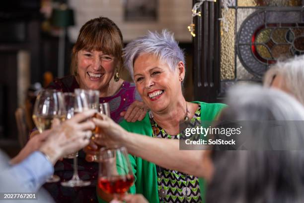 women cheering their glasses together - thier stock pictures, royalty-free photos & images