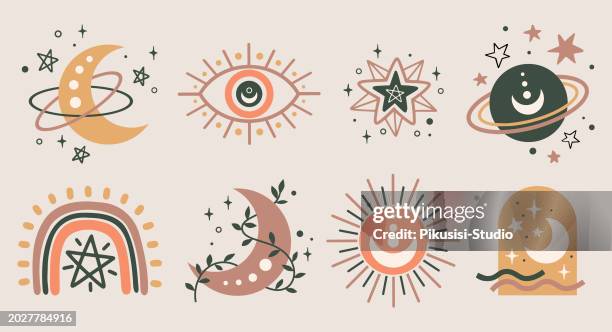 trendy aesthetic illustrations in boho style. collection of minimalist design with sun, moon, star, galaxy and rainbow. - celestial-sun-moon-and-stars-background stock illustrations