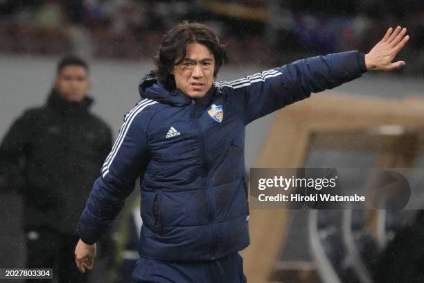 Hong Myung Bo,coach of Ulsan Hyundai looks on during the AFC Champions League Round of 16 second leg match between Ventforet Kofu and Ulsan Hyundai...