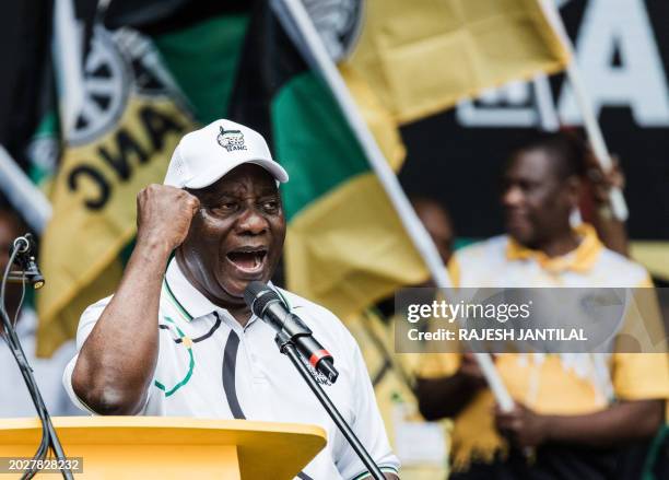 President Cyril Ramaphosa gestures to supporters during his address at the African National Congress Election Manifesto launch at the Moses Mabhida...