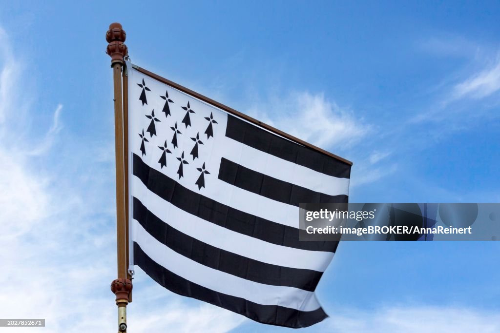Flag of Brittany, also known as Gwenn ha Du, blowing in the wind, Brittany, France, Europe