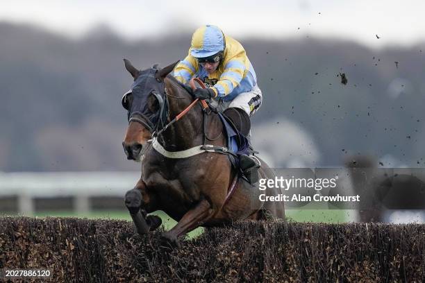 Tom Cannon riding Betterforeveryone clear the last to win The SBK Handicap Chase at Doncaster Racecourse on February 21, 2024 in Doncaster, England.