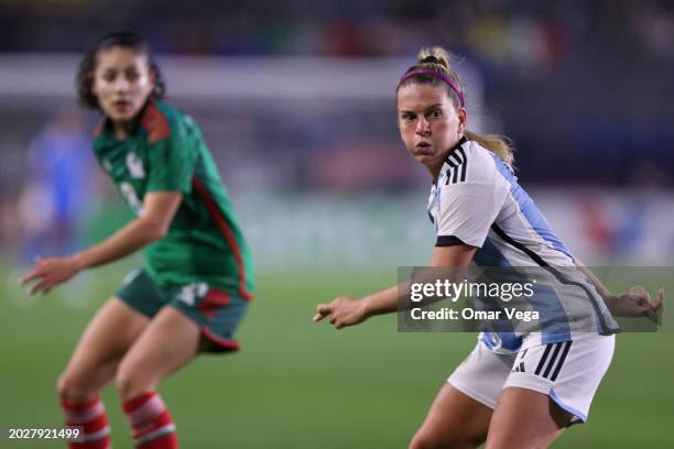 Camila Gomez of Argentina gestures during Group A - 2024 Concacaf W Gold Cup game between Mexico and Argentina at Dignity Health Sports Park on...