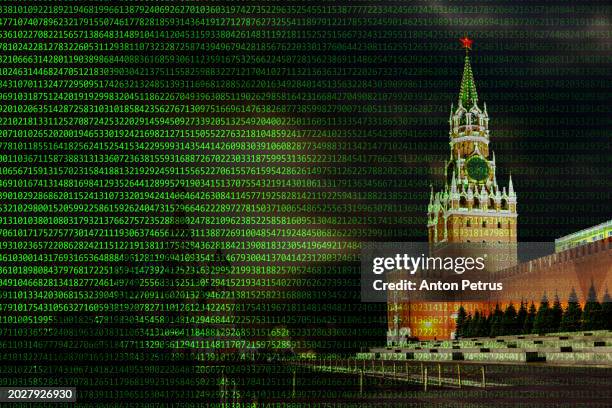 computer code on the background of the kremlin. russian hackers - ryssland bildbanksfoton och bilder