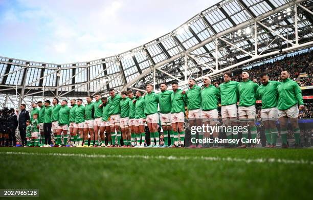 Dublin , Ireland - 24 February 2024; The Ireland team stand for the national anthems before the Guinness Six Nations Rugby Championship match between...