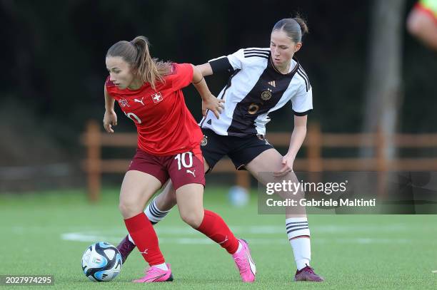 Maj Schneider of Germany Women U17 battles for the ball with Anida Mejela of Switzerland Women U17 during the International friendly match between...