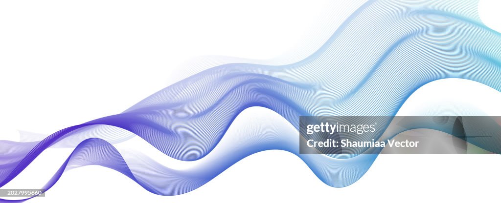 Abstract blue, green and purple smooth flowing wave lines on a white background. Dynamic sound wave element design.