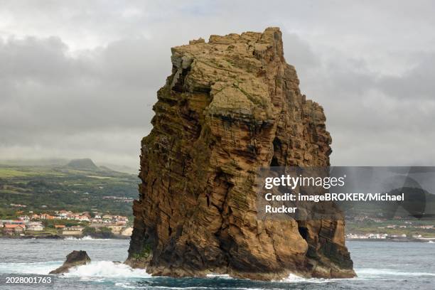 imposing rock monolith 'iieu em pe' stands in the atlantic ocean off the coast of the island of pico with the town of madalena in the background, iieu deitado, iieu em pe, horta, faial, azores, portugal, europe - deitado de costas fotografías e imágenes de stock