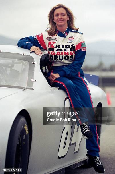 Race Car Driver Shawna Robinson during break while test driving car at Ontario Motor Speedway, April 3, 2001 in Ontario, California.