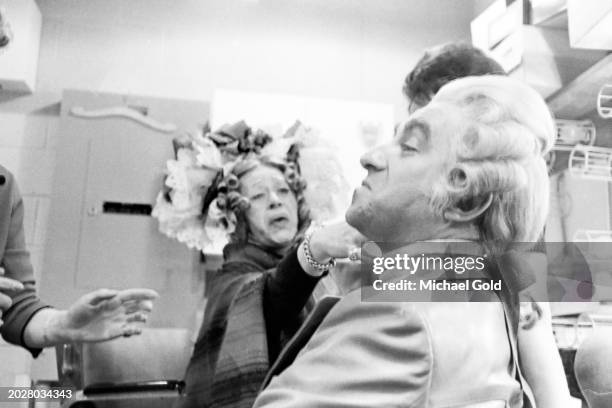 Soprano Regina Resnik in the costume department with another male singer in the Metropolitan Opera House in New York City, NY, circa 1972.