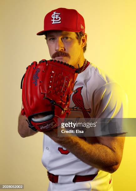 Miles Mikolas of the St. Louis Cardinals poses for a portrait during Photo Day at Roger Dean Stadium on February 21, 2024 in Jupiter, Florida.