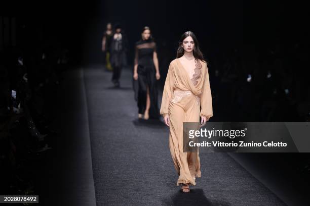 Deva Cassel walks the runway at the Alberta Ferretti fashion show during the Milan Fashion Week Womenswear Fall/Winter 2024-2025 on February 21, 2024...