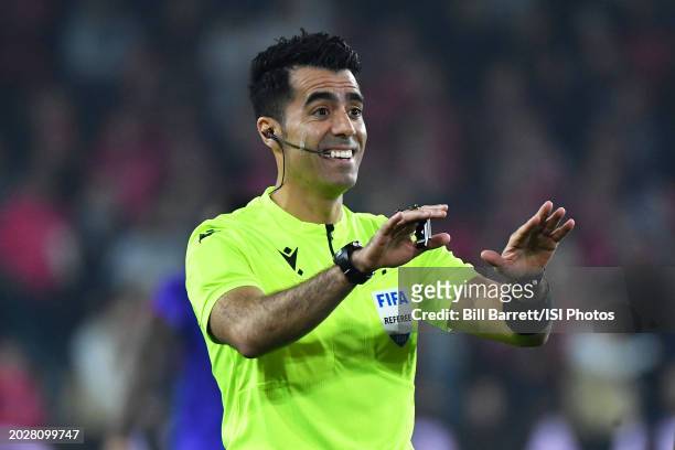 Referee Adonai Escobedo telling players to calm down during a game between Houston Dynamo and St. Louis City SC at CITYPARK on February 20, 2024 in...
