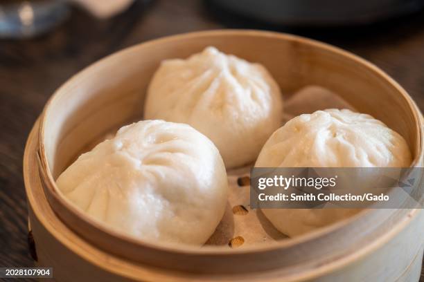 Close-up of steamer with bao buns at Dumpling Time restaurant in San Ramon, California, February 5, 2023.