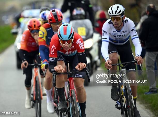 Belgian Arnaud De Lie of Lotto Dstny pictured in action during the 79th edition of the men's one-day cycling race Omloop Het Nieuwsblad , 202km from...