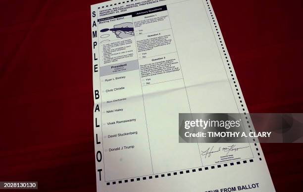 Sample ballot as People vote at the Ben Arnold Recreation Center located in Columbia, South Carolina, February 24, 2024 during the 2024 South...