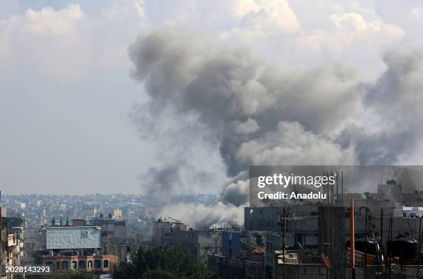 Smoke rises over the residential areas following the Israeli attacks in Rafah, Gaza on February 24, 2024.