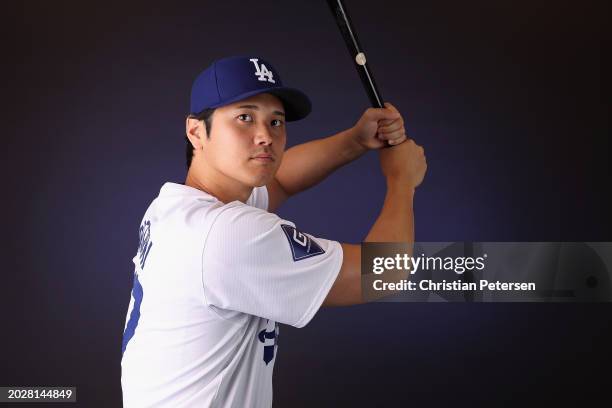 Shohei Ohtani of the Los Angeles Dodgers poses for a portrait during photo day at Camelback Ranch on February 21, 2024 in Glendale, Arizona.