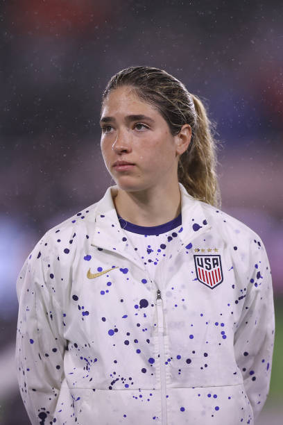 Korbin Albert of United States stands for her national anthem before to the Group A - 2024 Concacaf W Gold Cup match between United States and...