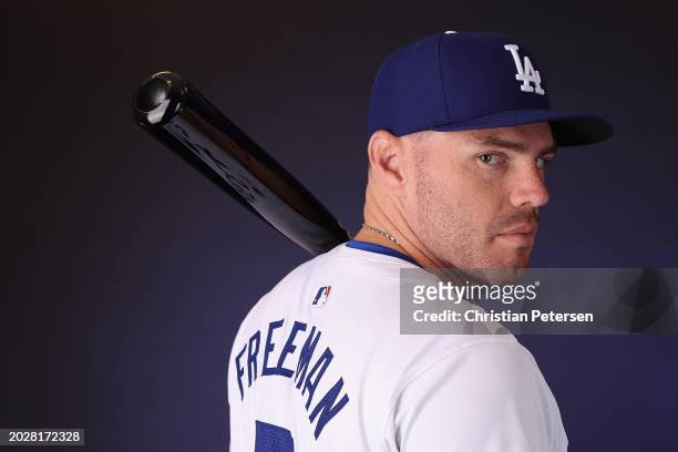 Freddie Freeman of the Los Angeles Dodgers poses for a portrait during photo day at Camelback Ranch on February 21, 2024 in Glendale, Arizona.