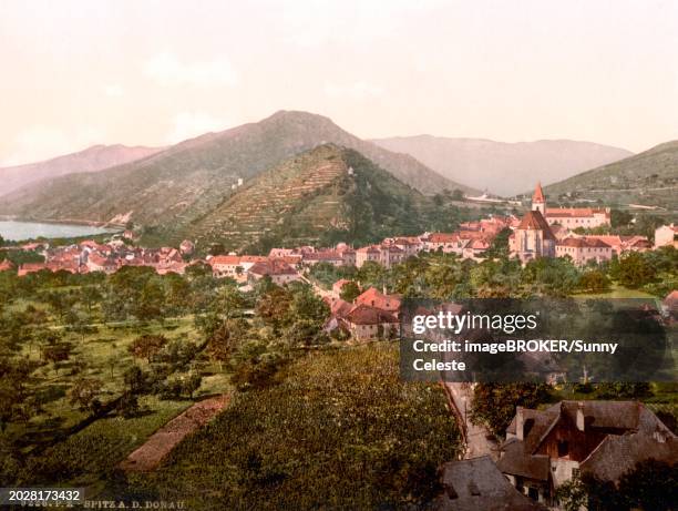 spitz, a municipality in the wachau, lower austria, austria, around 1890, historical, digitally restored reproduction from a 19th century original spitz, a municipality in the wachau, lower austria, austria, around 1890, historical, digitally restored - spitz austria stock illustrations