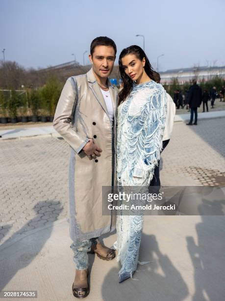 Ed Westwick and Amy Jackson attends the Diesel fashion show during the Milan Fashion Week Womenswear Fall/Winter 2024-2025 on February 21, 2024 in...