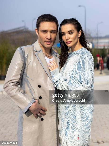 Ed Westwick and Amy Jackson attends the Diesel fashion show during the Milan Fashion Week Womenswear Fall/Winter 2024-2025 on February 21, 2024 in...