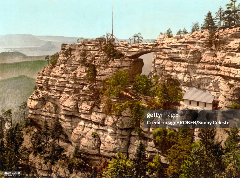 Prebischtor and Kirkelstein, Bohemian Switzerland, Elbe Sandstone Mountains, Czech Republic, around 1890, Historical, digitally restored reproduction from a 19th century original Prebischtor and Kirkelstein, Bohemian Switzerland, Elbe Sandstone Mountains