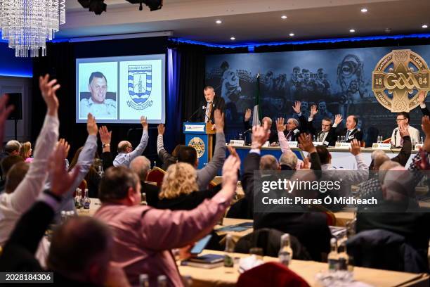 Down , United Kingdom - 24 February 2024; Uachtarán Chumann Lúthchleas Gael Larry McCarthy addressing congress about the late Sean Brown of Bellaghy...