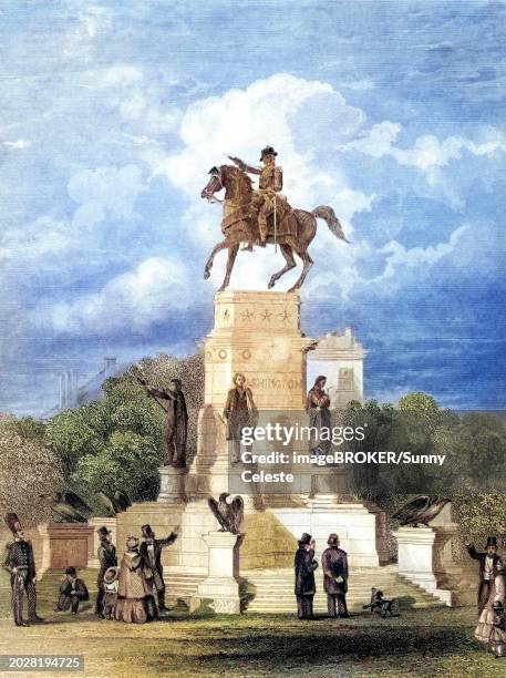 washington monument in richmond virginia, usa, george washington, 1732-1799, first president of the united states, after a 19th century print by j rogers after wageman, historic, digitally restored reproduction from a 19th century original, record date - colouring stock illustrations