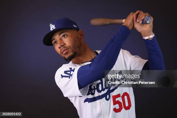 Mookie Betts of the Los Angeles Dodgers poses for a portrait during photo day at Camelback Ranch on February 21, 2024 in Glendale, Arizona.
