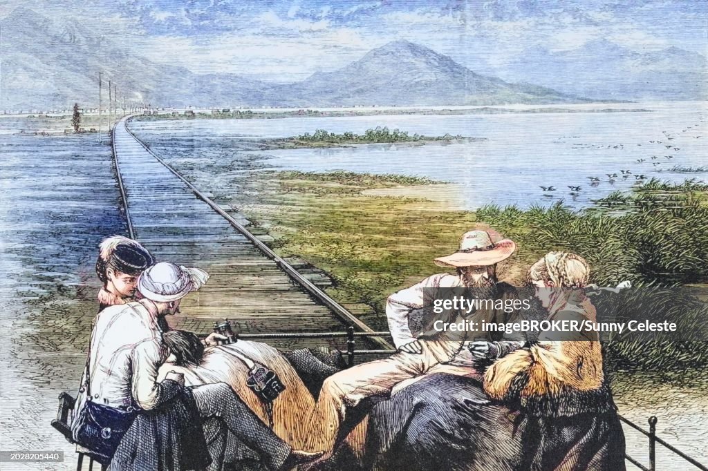 Inspection car of the Pacific Railway on the way to the Great Salt Lake. From American Pictures Drawn With Pen And Pencil by Rev Samuel Manning c. 1880, United States, America, Historic, digitally restored reproduction from a 19th century original, Record