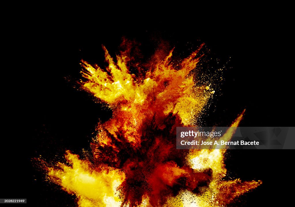 Multiple ascending explosions of smoke and fire upon impact on a black background.