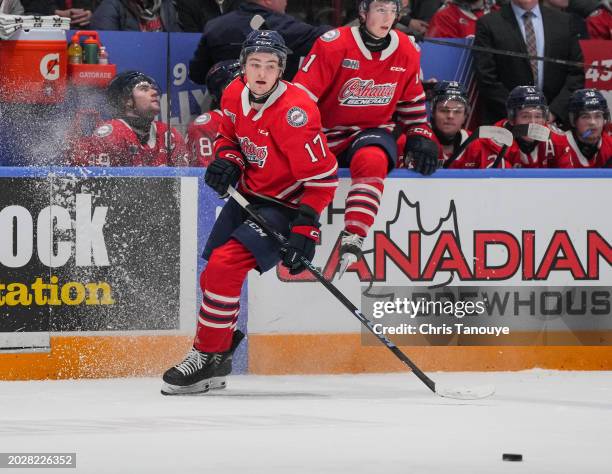 Luke Torrance of the Oshawa Generals skates against the London Knights at Tribute Communities Centre on February 11, 2024 in Oshawa, Ontario, Canada.