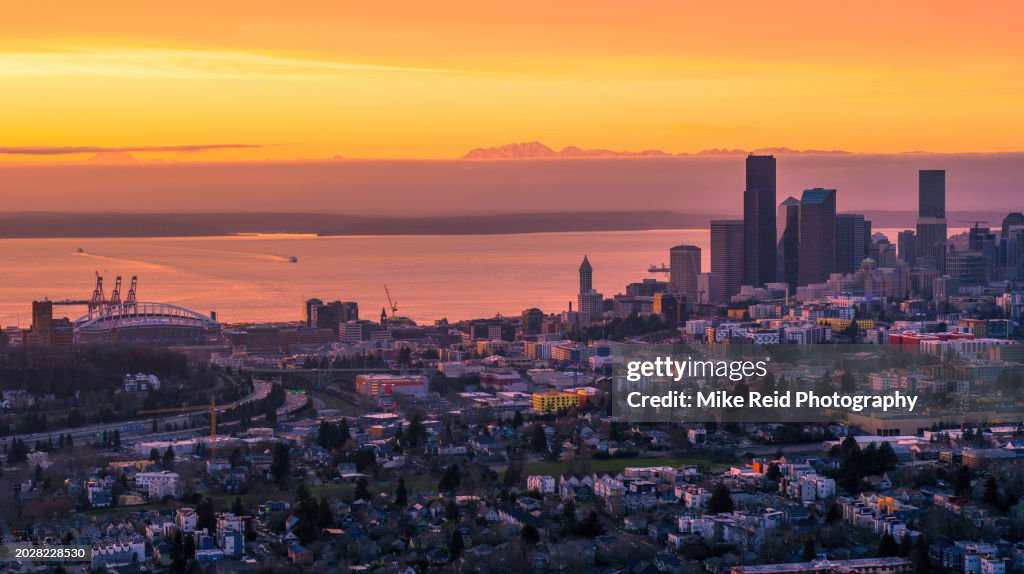 Aerial Seattle Skyline and Elliott Bay Sunset