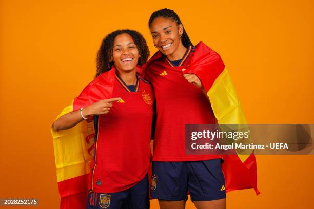 Vicky Lopez and Salma Paralluelo of Spain poses for a portrait prior to the UEFA Women´s Nations League Finals 2024 at Ciudad del futbol de Las Rozas...