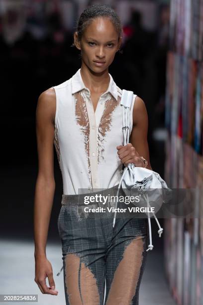 Model walks the runway during the Diesel Ready to Wear Fall/Winter 2024-2025 fashion show as part of the Milan Fashion Week on February 21, 2024 in...