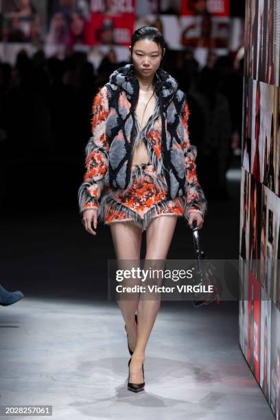 Model walks the runway during the Diesel Ready to Wear Fall/Winter 2024-2025 fashion show as part of the Milan Fashion Week on February 21, 2024 in...