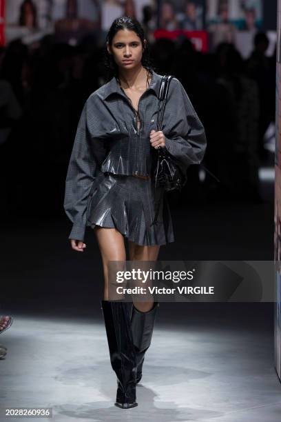 Model walks the runway during the Diesel Ready to Wear Fall/Winter 2024-2025 fashion show as part of the Milan Fashion Week on February 21, 2024 in...