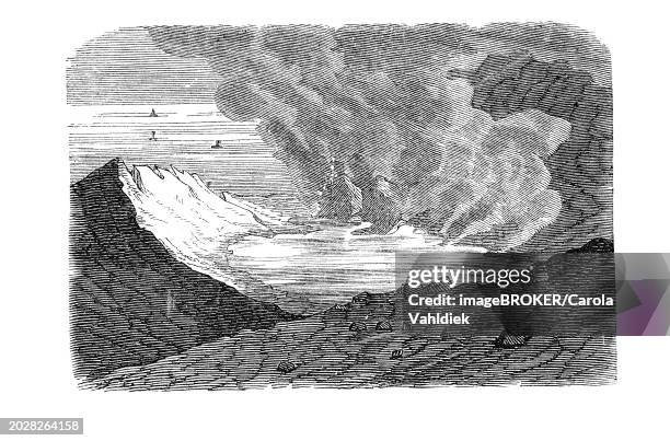 ilustrações, clipart, desenhos animados e ícones de crater of the island of ferdinandea (nerita), also isola ferdinandea, sunken volcanic island in the mediterranean (historical, old lithograph), black and white drawing, illustration of a volcanic eruption with smoke and ash, geology, volcanology, artist: - atividade vulcânica